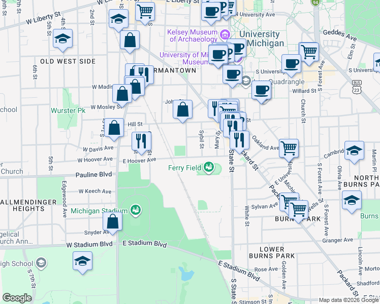map of restaurants, bars, coffee shops, grocery stores, and more near 929 South Division Street in Ann Arbor