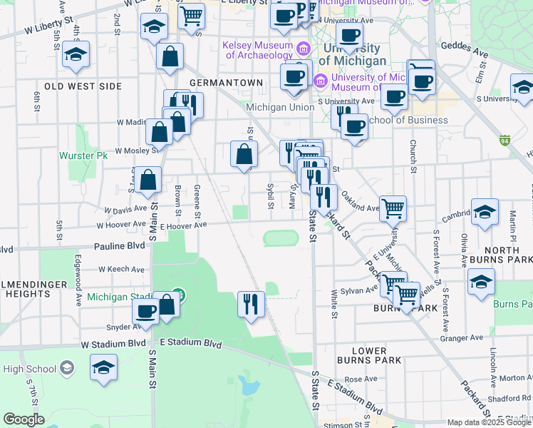 map of restaurants, bars, coffee shops, grocery stores, and more near 920 Sybil Street in Ann Arbor