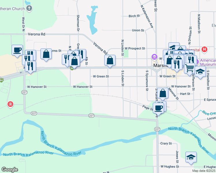 map of restaurants, bars, coffee shops, grocery stores, and more near West Hanover Street in Marshall