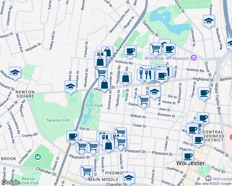 map of restaurants, bars, coffee shops, grocery stores, and more near 37 Roxbury Street in Worcester