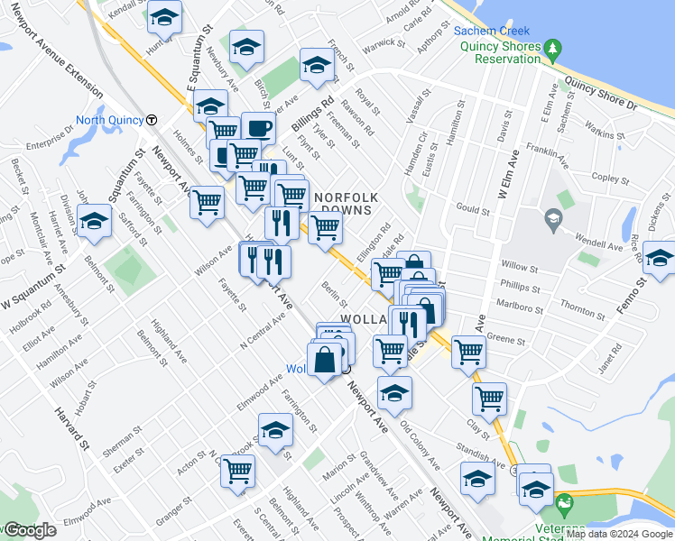 map of restaurants, bars, coffee shops, grocery stores, and more near 12 Linden Street in Quincy