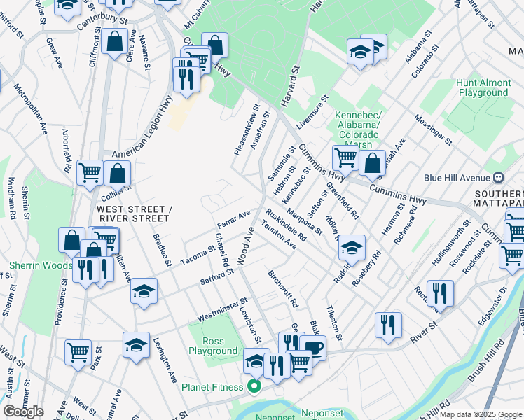 map of restaurants, bars, coffee shops, grocery stores, and more near 124 Wood Avenue in Boston