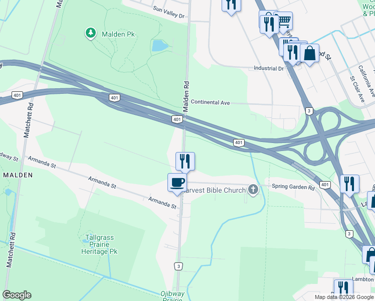 map of restaurants, bars, coffee shops, grocery stores, and more near 4626 Malden Road in Windsor
