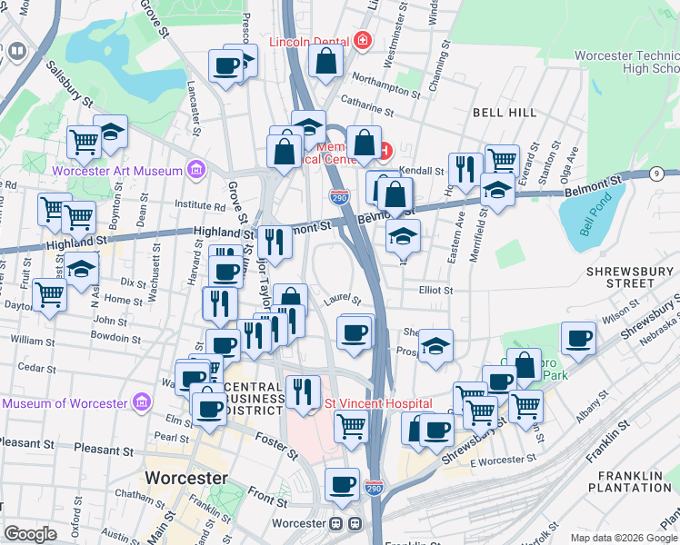 map of restaurants, bars, coffee shops, grocery stores, and more near 16 Laurel Street in Worcester