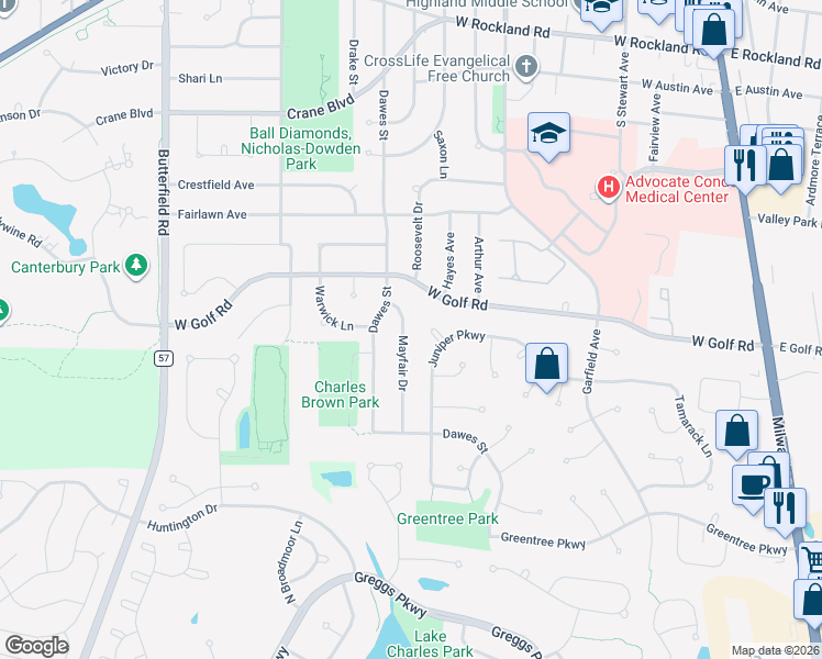 map of restaurants, bars, coffee shops, grocery stores, and more near 1002 Mayfair Drive in Libertyville