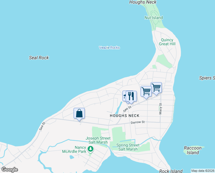 map of restaurants, bars, coffee shops, grocery stores, and more near 192 Manet Avenue in Quincy