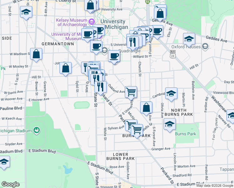 map of restaurants, bars, coffee shops, grocery stores, and more near 1000 Oakland Avenue in Ann Arbor
