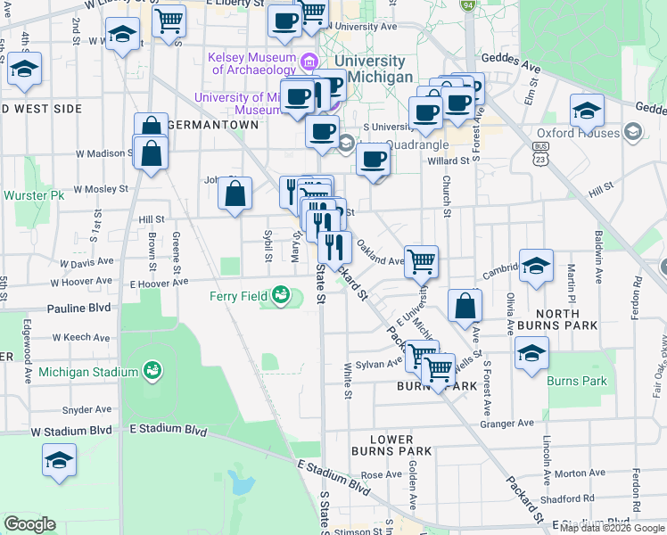 map of restaurants, bars, coffee shops, grocery stores, and more near 732 Packard Street in Ann Arbor