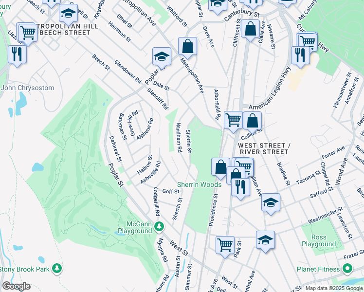 map of restaurants, bars, coffee shops, grocery stores, and more near 76 Windham Road in Boston