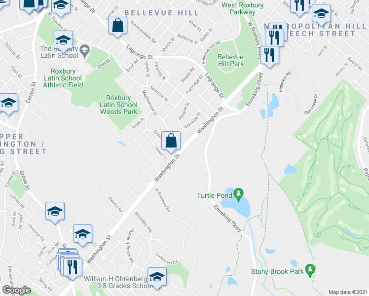 map of restaurants, bars, coffee shops, grocery stores, and more near Washington Street & Maplewood Street in Boston