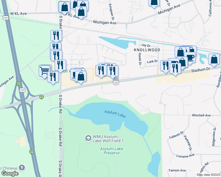 map of restaurants, bars, coffee shops, grocery stores, and more near 4211 Stadium Drive in Kalamazoo