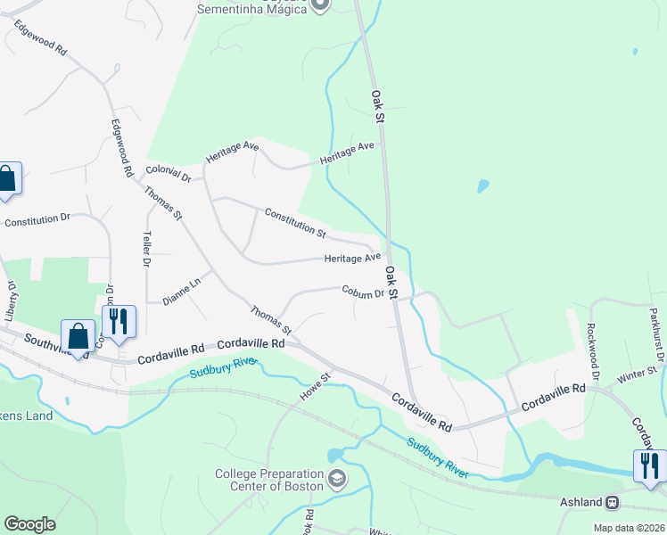 map of restaurants, bars, coffee shops, grocery stores, and more near 14 Heritage Avenue in Ashland