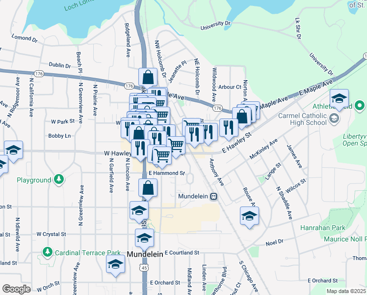 map of restaurants, bars, coffee shops, grocery stores, and more near 409 North Chicago Avenue in Mundelein