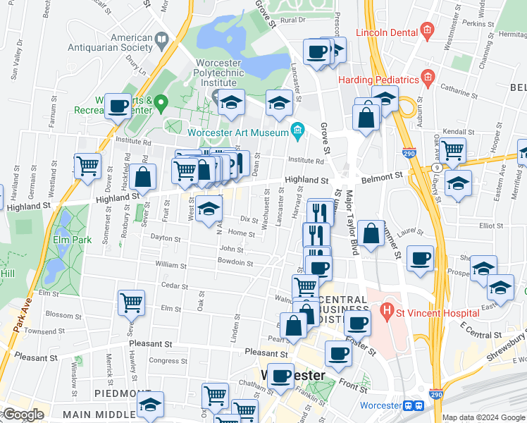 map of restaurants, bars, coffee shops, grocery stores, and more near 11 Lancaster Street in Worcester
