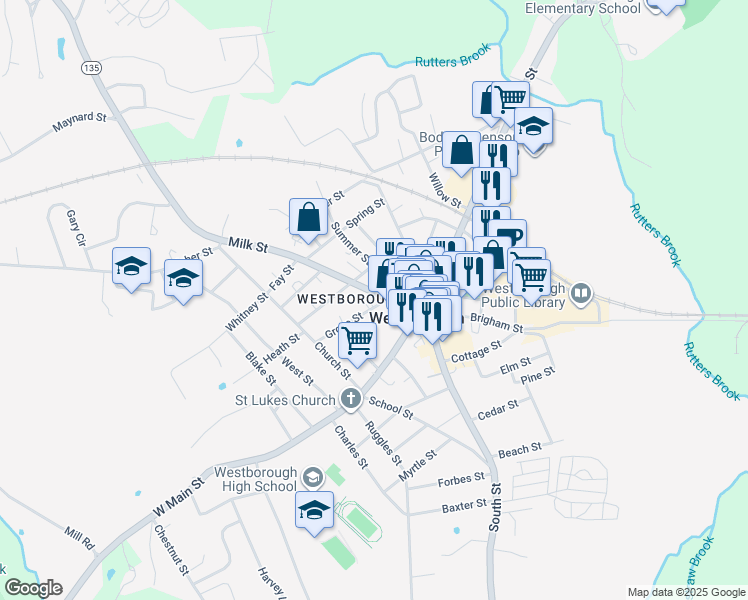 map of restaurants, bars, coffee shops, grocery stores, and more near 42 Milk Street in Westborough
