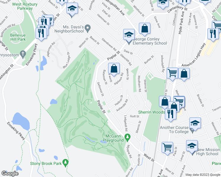 map of restaurants, bars, coffee shops, grocery stores, and more near 92 Alpheus Road in Boston