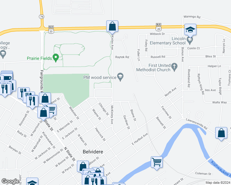 map of restaurants, bars, coffee shops, grocery stores, and more near 909 McKinley Avenue in Belvidere