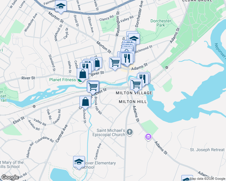 map of restaurants, bars, coffee shops, grocery stores, and more near 50 Eliot Street in Milton