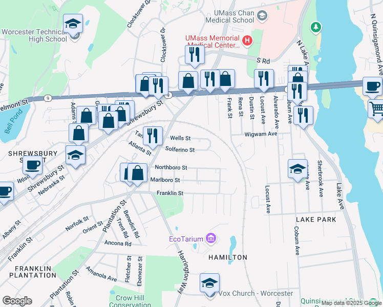 map of restaurants, bars, coffee shops, grocery stores, and more near 52 Solferino Street in Worcester