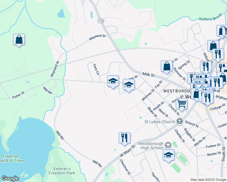 map of restaurants, bars, coffee shops, grocery stores, and more near 20 Fisher Street in Westborough