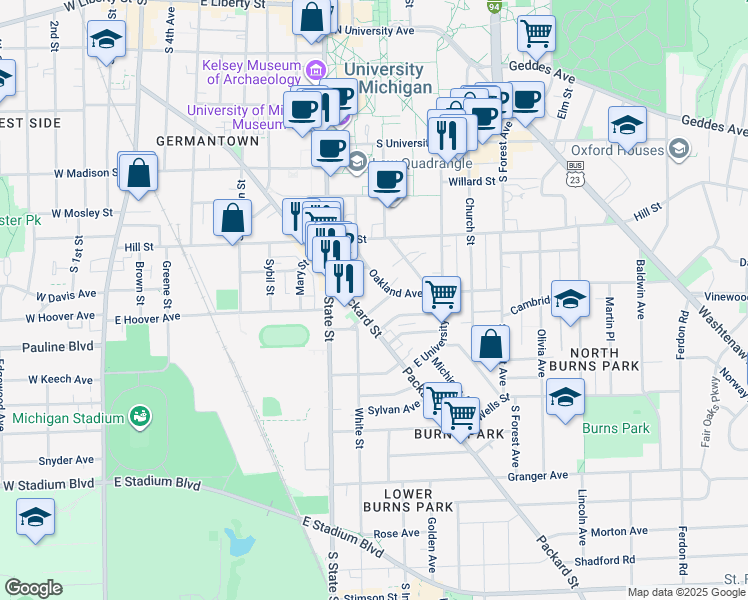 map of restaurants, bars, coffee shops, grocery stores, and more near 817 Arch Street in Ann Arbor
