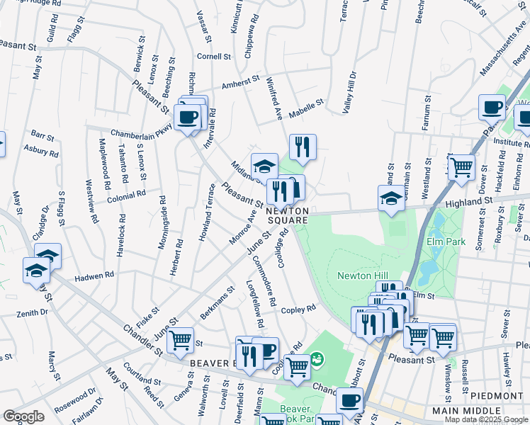 map of restaurants, bars, coffee shops, grocery stores, and more near 722 Pleasant Street in Worcester