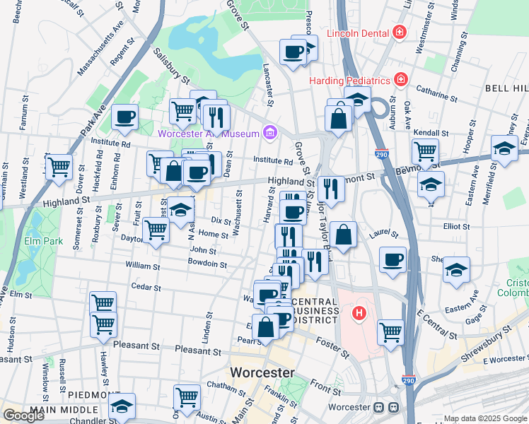 map of restaurants, bars, coffee shops, grocery stores, and more near 37 Harvard Street in Worcester