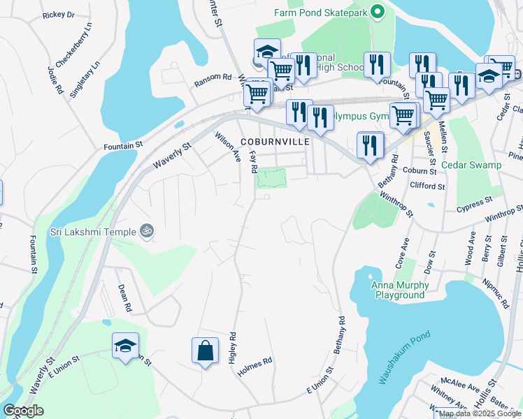 map of restaurants, bars, coffee shops, grocery stores, and more near 96 Fay Road in Framingham