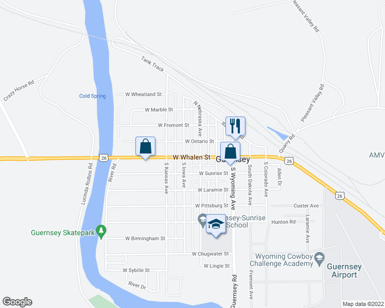 map of restaurants, bars, coffee shops, grocery stores, and more near 253 West Whalen Street in Guernsey