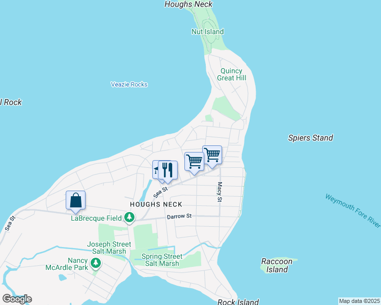 map of restaurants, bars, coffee shops, grocery stores, and more near 215 Winthrop Street in Quincy