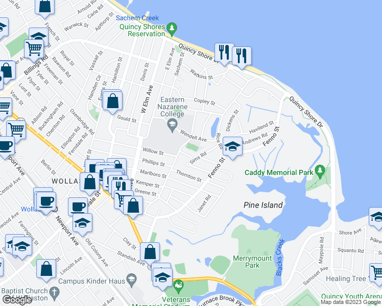 map of restaurants, bars, coffee shops, grocery stores, and more near 45 Sims Road in Quincy
