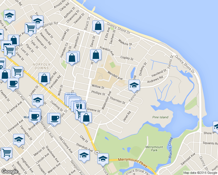 map of restaurants, bars, coffee shops, grocery stores, and more near 125 Waterston Avenue in Quincy