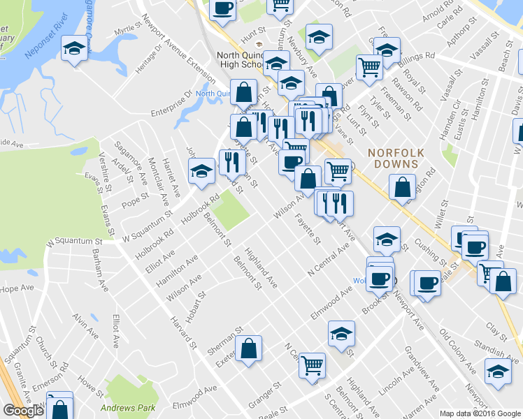 map of restaurants, bars, coffee shops, grocery stores, and more near 111 Farrington Street in Quincy