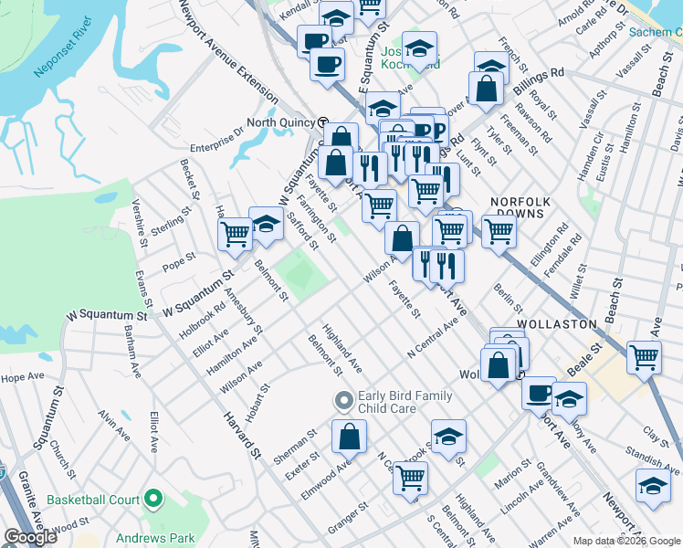 map of restaurants, bars, coffee shops, grocery stores, and more near 111 Farrington Street in Quincy