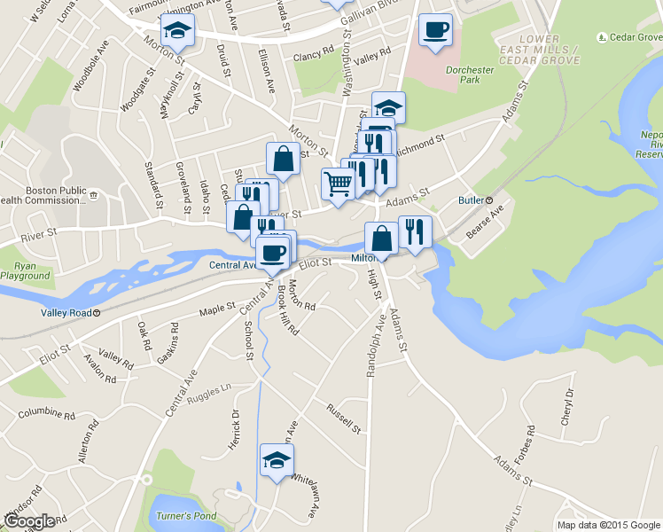map of restaurants, bars, coffee shops, grocery stores, and more near 50 Eliot Street in Milton