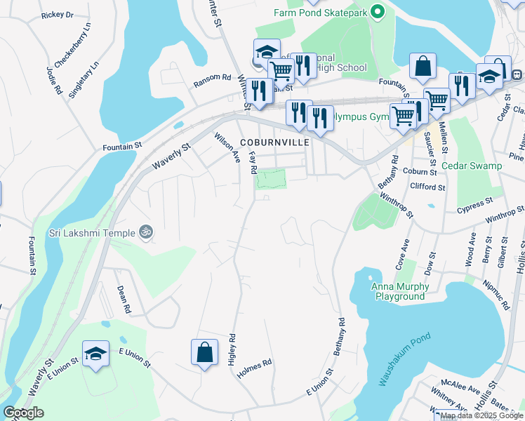 map of restaurants, bars, coffee shops, grocery stores, and more near 96 Fay Road in Framingham