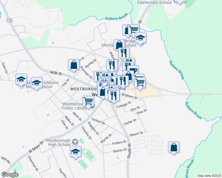 map of restaurants, bars, coffee shops, grocery stores, and more near in Westborough