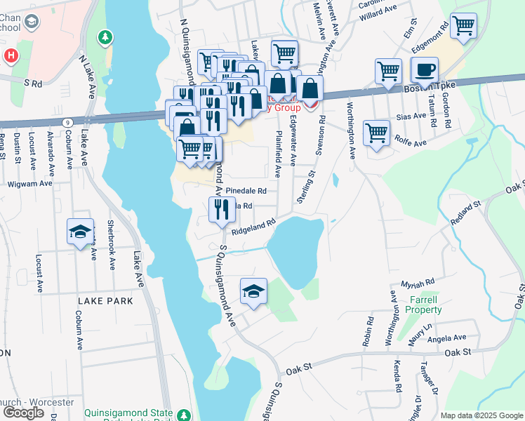 map of restaurants, bars, coffee shops, grocery stores, and more near 32 Villa Road in Shrewsbury