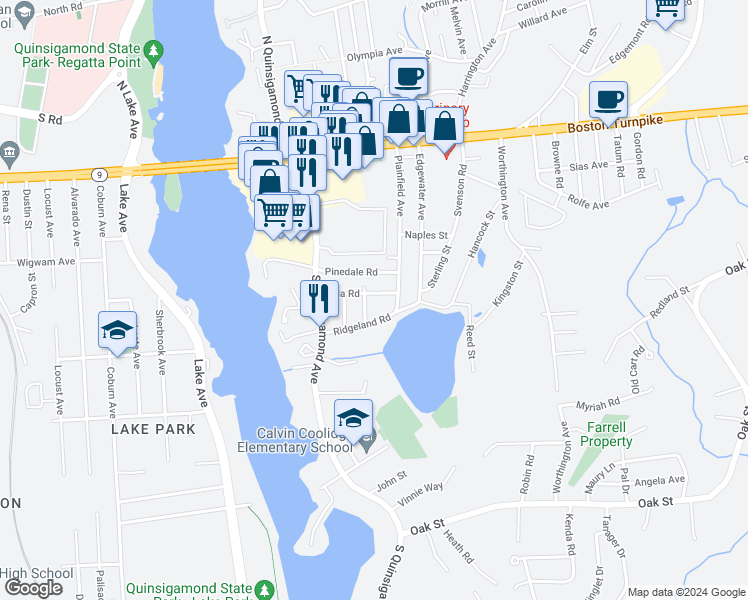 map of restaurants, bars, coffee shops, grocery stores, and more near 32 Villa Road in Shrewsbury