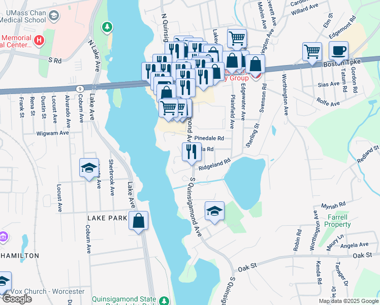 map of restaurants, bars, coffee shops, grocery stores, and more near 74 South Quinsigamond Avenue in Shrewsbury