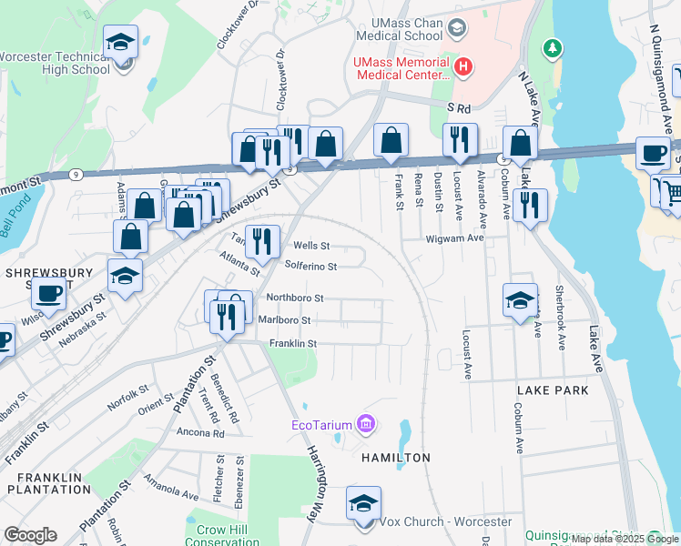 map of restaurants, bars, coffee shops, grocery stores, and more near 52 Solferino Street in Worcester