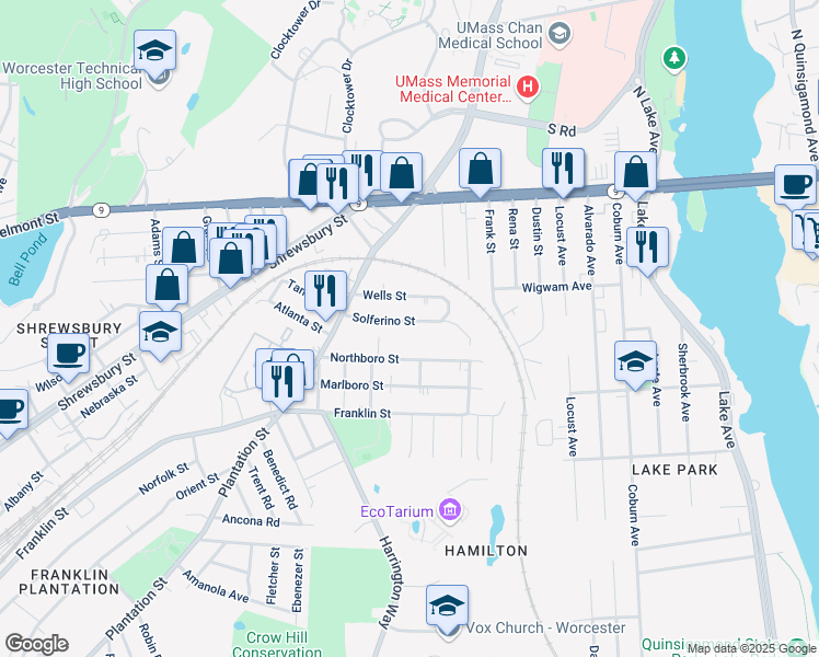 map of restaurants, bars, coffee shops, grocery stores, and more near 52 Solferino Street in Worcester