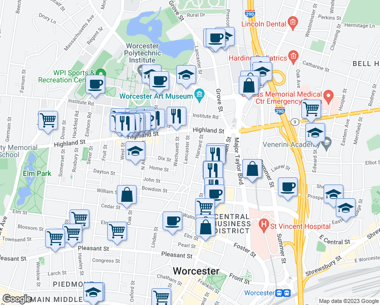 map of restaurants, bars, coffee shops, grocery stores, and more near 11 Lancaster Street in Worcester