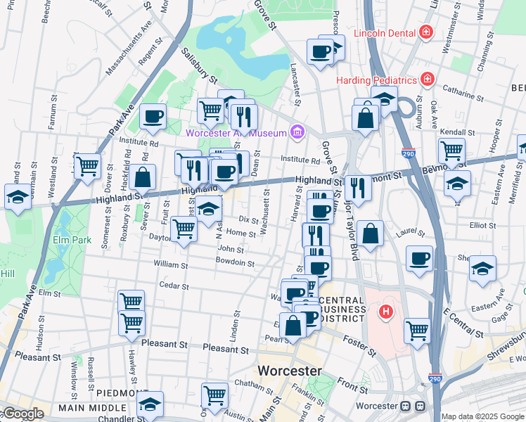 map of restaurants, bars, coffee shops, grocery stores, and more near 11 Lancaster Street in Worcester