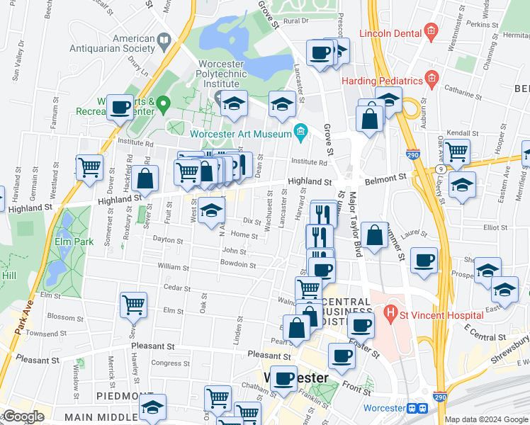 map of restaurants, bars, coffee shops, grocery stores, and more near 11 Lancaster Street in Worcester