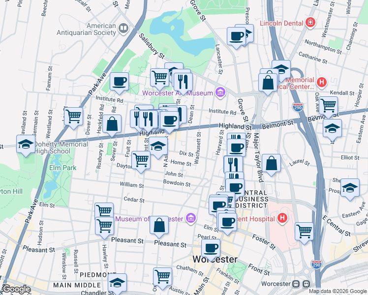 map of restaurants, bars, coffee shops, grocery stores, and more near 5 Goulding Street in Worcester