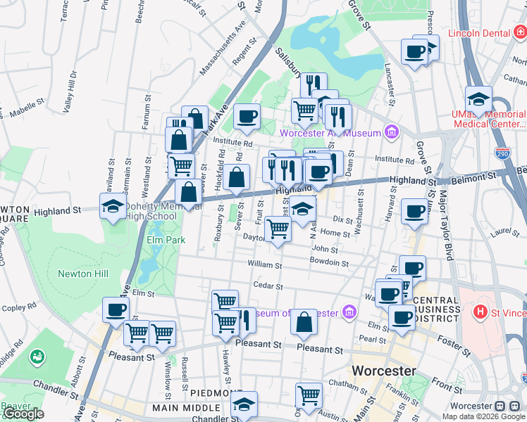 map of restaurants, bars, coffee shops, grocery stores, and more near 5 Berkshire Street in Worcester