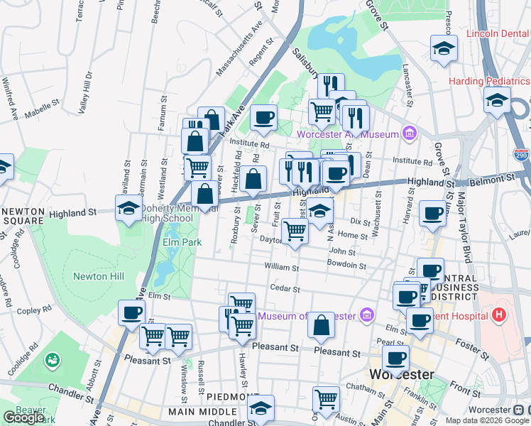 map of restaurants, bars, coffee shops, grocery stores, and more near 78 Sever Street in Worcester