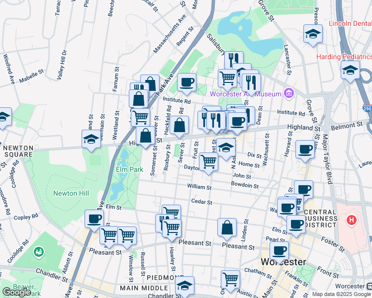 map of restaurants, bars, coffee shops, grocery stores, and more near 78 Sever Street in Worcester