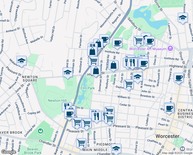 map of restaurants, bars, coffee shops, grocery stores, and more near 35 Somerset Street in Worcester